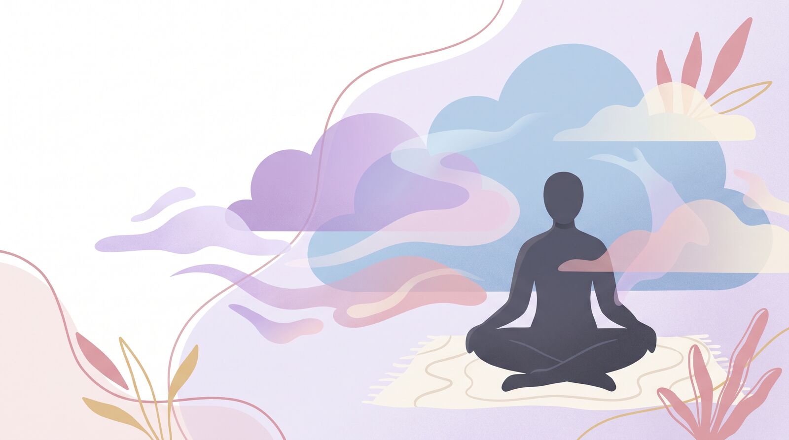 Soft pastel illustration of a meditating figure surrounded by overlapping translucent cloud auras in lavender, sky blue, and blush — suggesting how anxiety shifts shape day to day